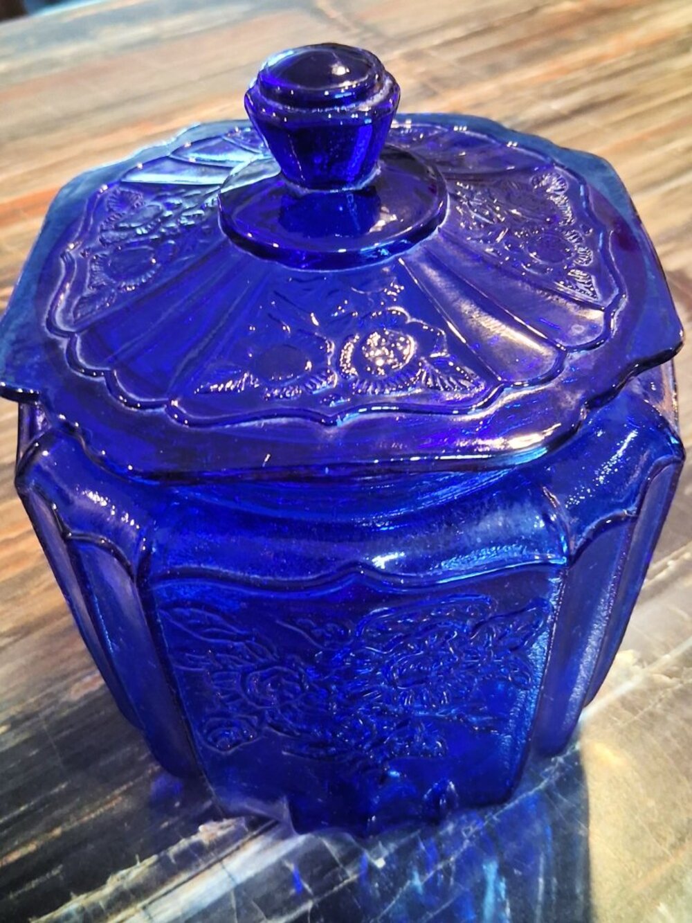 Vintage Anchor Hocking Cobalt Blue Mayfair Open Rose Cookie/Biscuit Jar